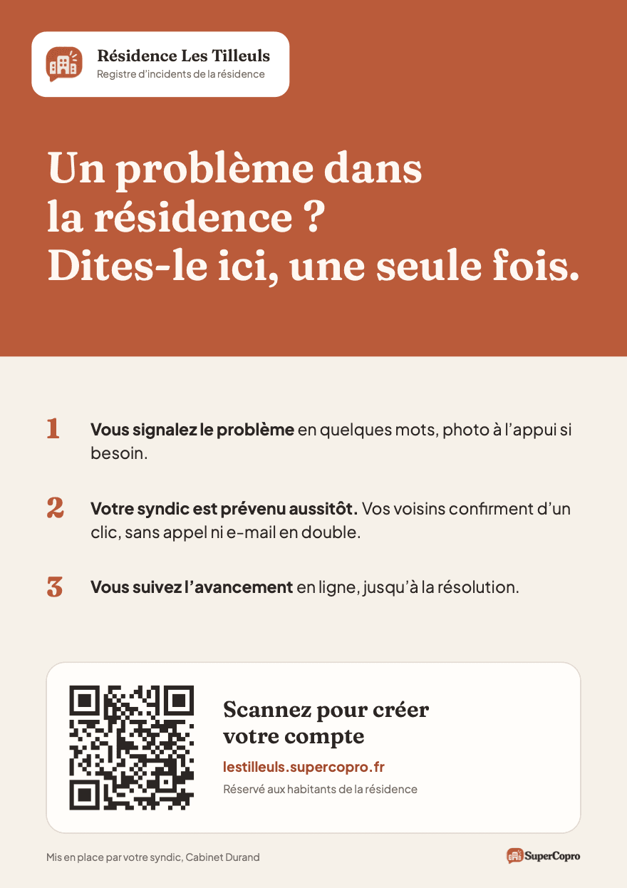 Exemple d’affiche générée pour la résidence Les Tilleuls, avec son QR code