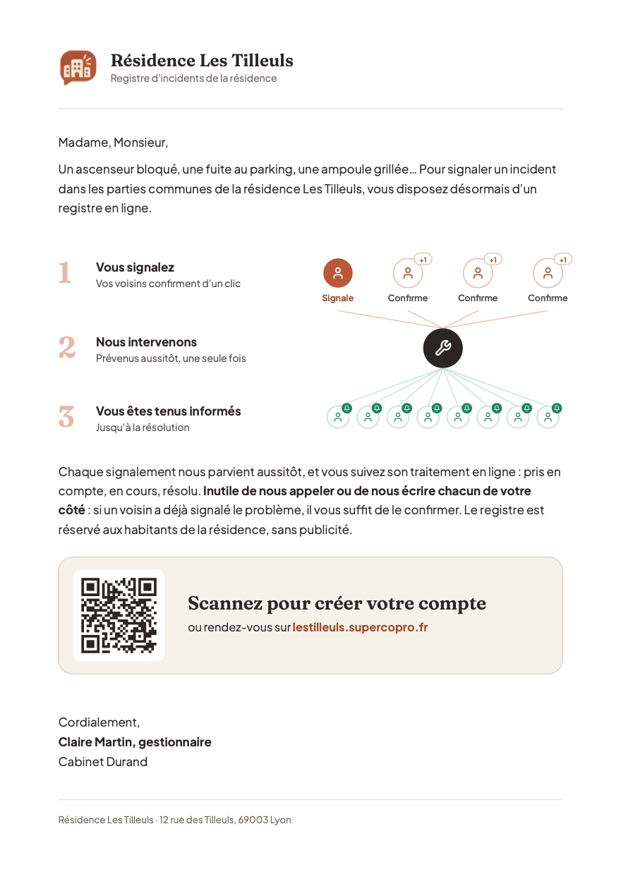 Exemple de courrier généré pour la résidence Les Tilleuls, signé du syndic